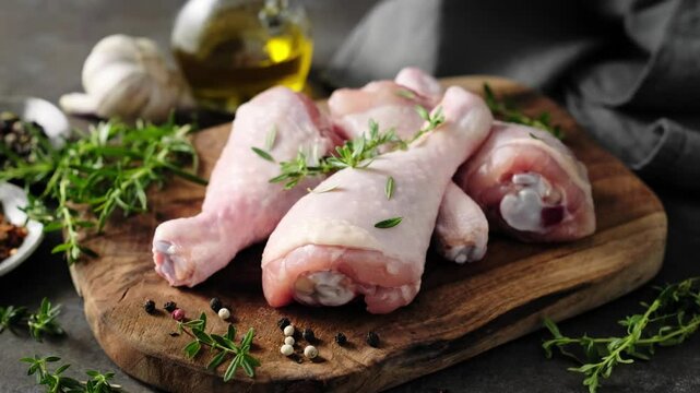 Raw chicken drumsticks close-up on the wooden cutting board, stock video 4k