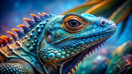 Fototapeta premium Vibrant reptile seamlessly adapts with mesmerizing scales, blending into serene cerulean backdrop, exemplifying masterful camouflage in high-definition digital art.