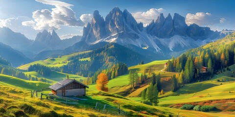 Fototapeta premium Scenic view of Saslonch Sassolungo Langkofel Group Alpe di Siusi mountain range. Concept Mountain Photography, Scenic Landscapes, Italian Alps, Nature Beauty, Alpine Panorama