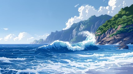 Fototapeta premium Rugged coastline with a breaking wave