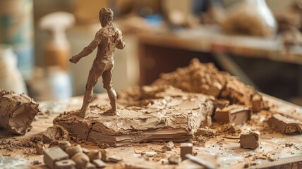 Clay sculpture of human figure in workshop with tools and clay pieces