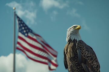 Eagle standing next to the American flag, digital illustration. Detailed textures, flag waving in a breeze, blue sky and stars, vibrant and patriotic, perfect for celebrating national pride.
