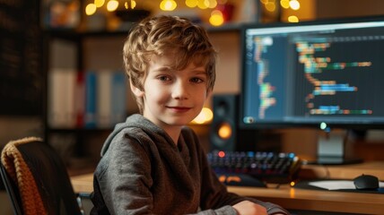 Young boy with curly hair smiling in front of computer code on screen, indoors