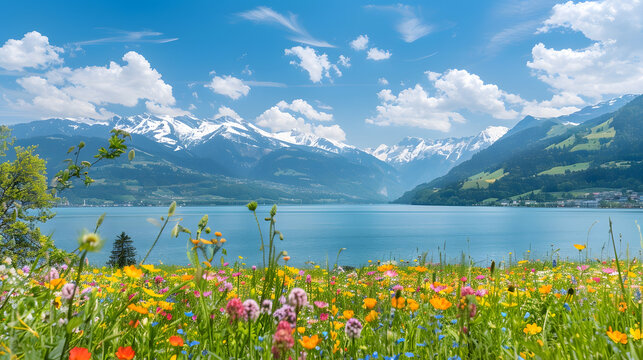 Idyllic summer landscape with a flower meadow snowy mountains and a blue lake Zell am See Pinzgau Salzburger Land Austria Europe : Generative AI