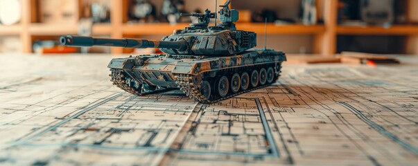 A model tank placed on a desk with a depth of field effect, standing on blurred architectural plans