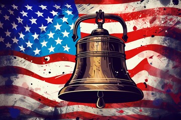 Illustrator image of Liberty Bell with USA flag. Detailed bell, stars and stripes background, vibrant colors, capturing the historic and patriotic significance of the Liberty Bell.