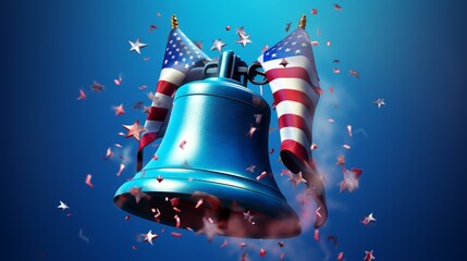 Illustrator image of Liberty Bell in 3D render on blue background. Vibrant colors, realistic details, patriotic theme, stars and stripes accents, ideal for Independence Day themes.