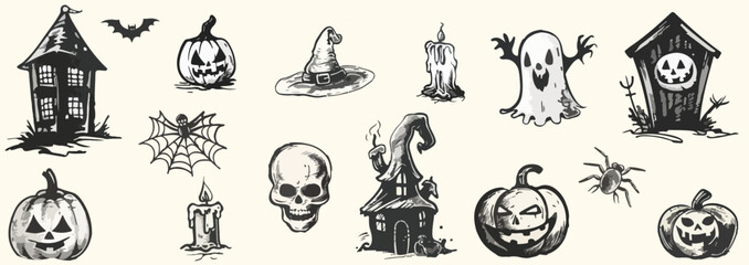 Collection icons silhouettes of Halloween characters with retro photocopy stipple effect, for grunge punk y2k collage design.  Festive pumpkins with grinning face, headstone, ghost, bat