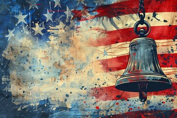 Liberty Bell with USA flag, illustrated style. Realistic textures, stars and stripes elements, vibrant and celebratory, capturing the essence of American heritage and pride.
