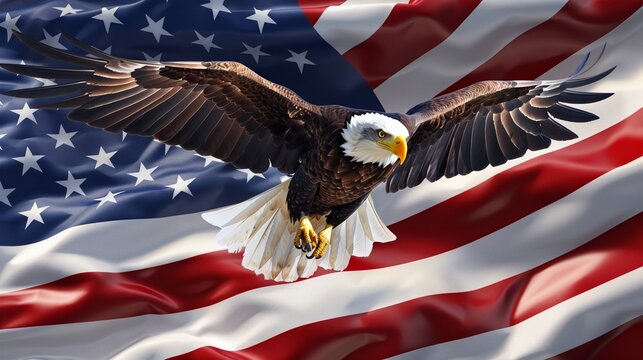 Wallpaper of an eagle soaring over a USA flag. Majestic eagle in flight, flag waving in the background, vibrant colors, capturing the essence of American pride and freedom.