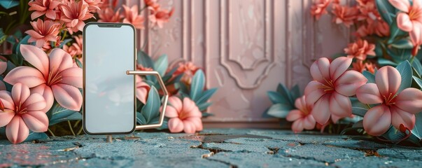 A closeup of an iPhone with floral wallpaper surrounded by pink lotus flowers and decor