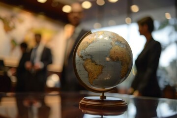  Global Marketing and Sales Team Collaboration Concept. A diverse marketing and sales team gathered around a globe, symbolizing international business collaboration