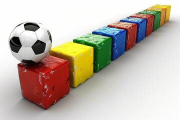 Obraz premium Colorful blocks with a soccer ball on top isolated on white background. Blocks in red, yellow, blue, and green. Soccer ball is black and white. Vibrant colors, well-lit image. 3D illustration