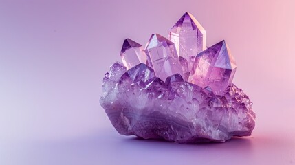 Fototapeta premium Luminous amethyst crystal formation standing soft gradient on surface translucent purple reflection light design background