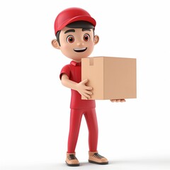 Red uniform delivery courier man holding a cardboard package box.
