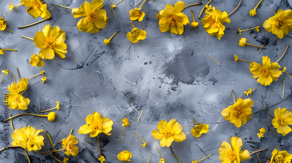 Poster Flowers composition Frame made of yellow flowers on gray background Flat lay top view square copy space : Generative AI