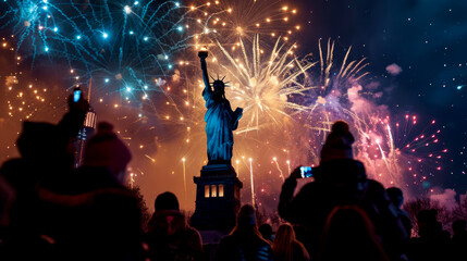 Celebration fireworks exploding behind the statue of Liberty. New year and 4th July celebrations