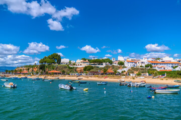 Fototapeta premium Alvor Portugal boats in harbour in beautiful Algarve town between Portimao and Lagos