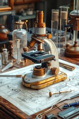 Vintage Microscope on Wooden Table with Sketch