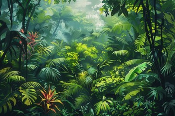 A lush tropical rainforest teeming with vibrant greenery. Sunlight filters through the dense canopy, casting a mystical glow on the forest floor. Generative AI