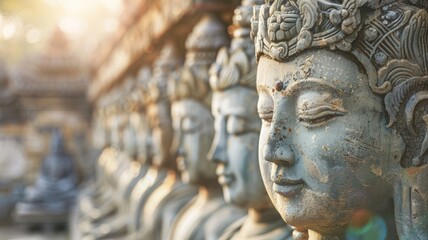 Obraz premium Ancient carved stone faces with intricate details, lit by soft sunlight