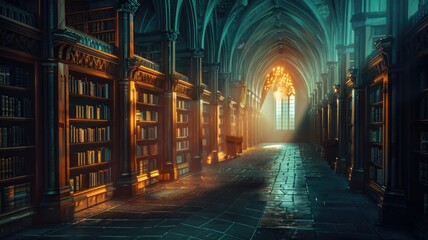 Fototapeta premium Sunlight shines through stained-glass window in grand library with tall bookshelves