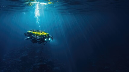 Underwater vehicle submerged with lights on in ocean depths