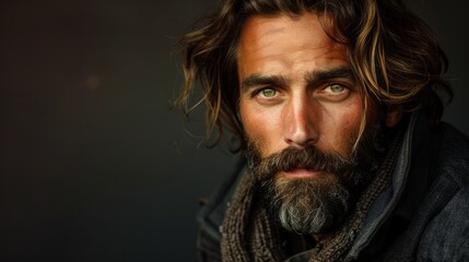 Fototapeta premium Close-up portrait of a handsome man with long hair and a beard