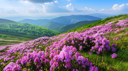 Obraz premium Splendid fields of blooming rhododendron flowers on a summer day Location place Carpathian mountains National Park Chornohora Ukraine Europe Photo wallpaper Discover the beauty of eart : Generative AI