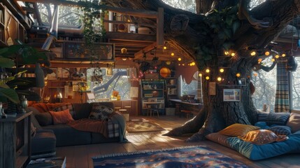 Photos of a treehouse, a teenage hangout spot, and a cozy living room, symbolizing the changing places where friends gathered through the years.
