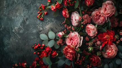 Dark textured background with diagonal arrangement of red and pink roses small berries