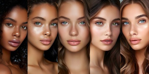 Obraz premium Diverse group of beautiful women with natural glowing skin showcasing fashion and skincare. Concept Fashion & Beauty Photography, Natural Beauty, Glowing Skin, Diverse Women, Skincare Products