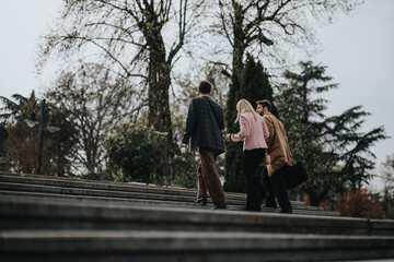 Three business professionals walking outdoors with focus and determination, engaged in conversation.