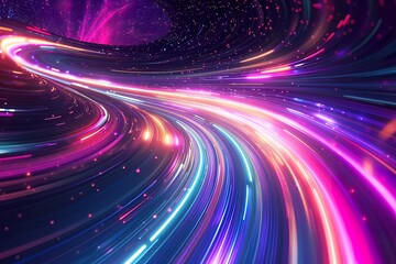 Colorful and Dynamic Background with Swirling Light Trails. Vibrant Cosmic Spiral in Neon Colors, Creating a Futuristic and Energetic Visual Experience, Ideal for Sci-Fi Themes and Digital Designs.