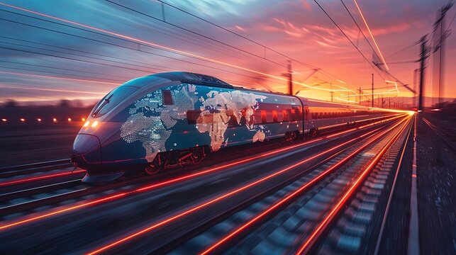 A futuristic high-speed train adorned with a world map projection glides along the tracks at sunset, representing global connectivity and the future of transportation.