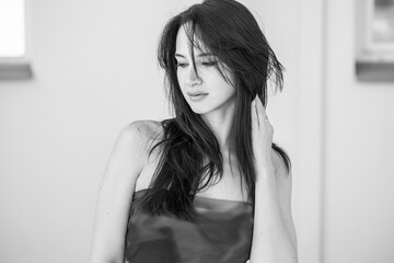 Black and white portrait of a young beautiful woman