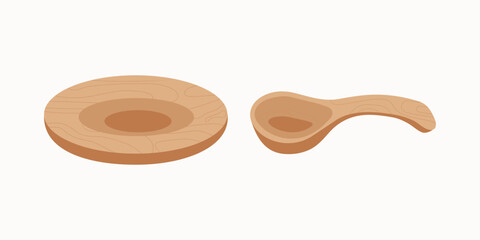 Wooden utensils. Spoon and plate. Wooden textures. Vector graphics, background isolated.