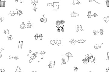 Cute seamless pattern of friendship clipart in doodle style. Collection with quotes, hearts, sweet, drinks, cats, dogs, sun, space, cups, party decoration. Hand drawn icons