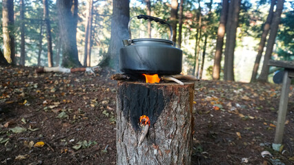 Bushcraft Cooking setup! Swedish torch survival skills. Rocket stove