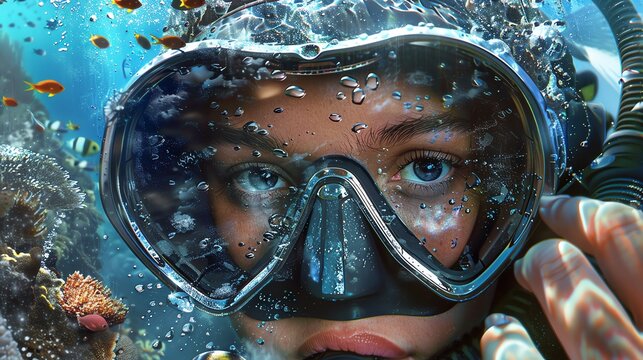 Underwater view of a young woman scuba diver's eyes and mask.