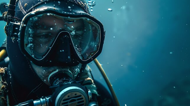 A scuba diver explores the underwater world. He is surrounded by a beautiful coral reef and colorful fish.