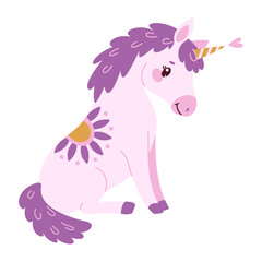 Cute lavender magical unicorn. Romantic magical unicorn sitting Hand drawn flat style isolated for Greeting card, poster, print, t-shirt, party concept, kids books, wallpapers. Vector illustration