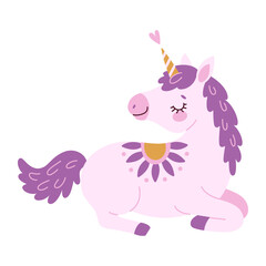 Cute lavender magical unicorn. Romantic magical, sleeping unicorn Hand drawn flat style isolated for Greeting card, poster, print, t-shirt, party concept, kids books, wallpapers. Vector illustration © Aikaterini