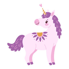 Cute lavender magical unicorn. Romantic magical pony Hand drawn flat style isolated for Greeting card, poster, print, t-shirt, party concept, kids books, wallpapers. Vector illustration © Aikaterini