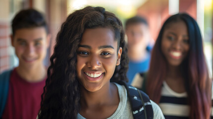 Obraz premium A group of diverse teenagers smile confidently at the camera, standing in a school corridor...This image highlights the spirit of friendship and multicultural unity among students