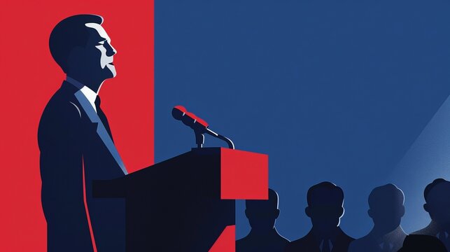 The politician speaks from the stage. Propaganda. Democracy. The dictator