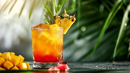 Vodka-based cocktail with pineapple, mango, and red syrup on ice. Can be enjoyed as a long drink or a cold summer mocktail. Photographed against a tropical backdrop with palm leaves and exotic fruits.