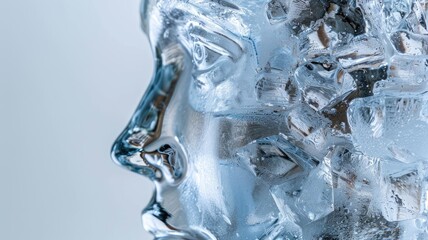 Close-up of translucent ice sculpture resembling human head