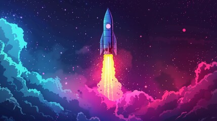 Cartoon space rocket launching through gradient clouds