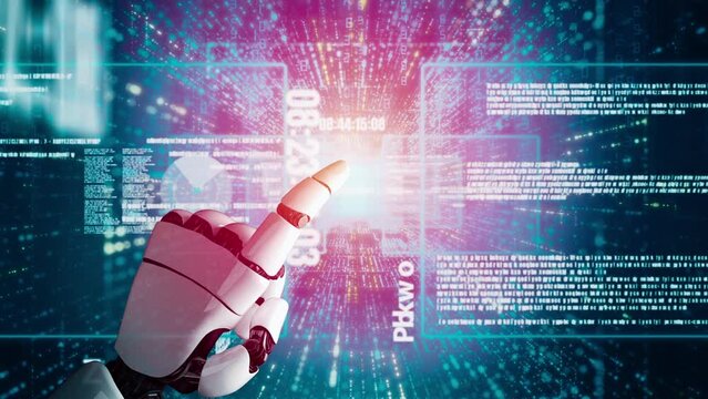 MLP Futuristic robot artificial intelligence revolutionary AI technology development and machine learning concept. Global robotic bionic science research for future of human life. 3D rendering graphic